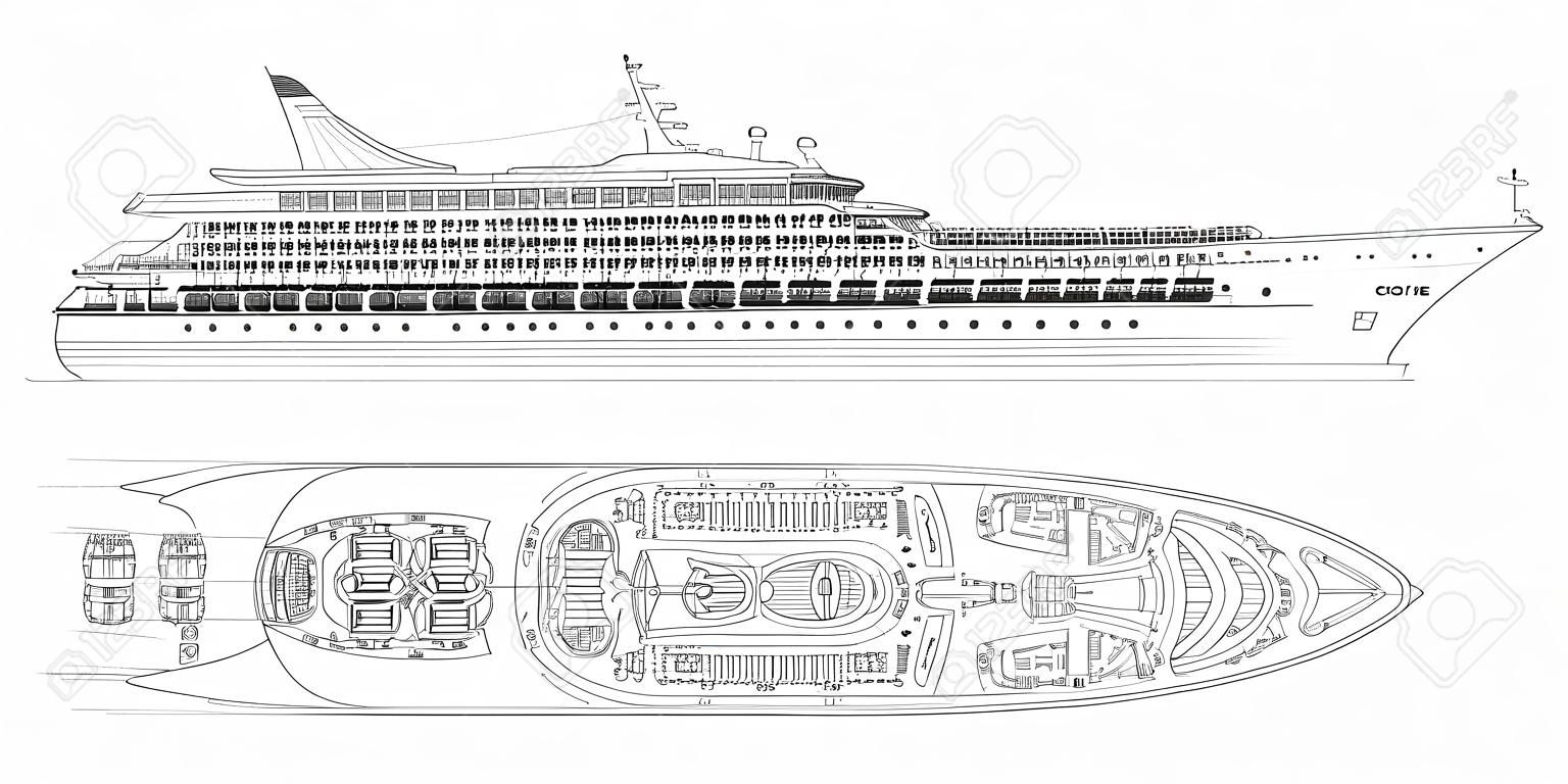 Outline blueprint of cruise ship. Side, top and front views. Contour isolated liner. Detailed drawing of modern marine vessel. Sea travel transpotation. Vector illustration