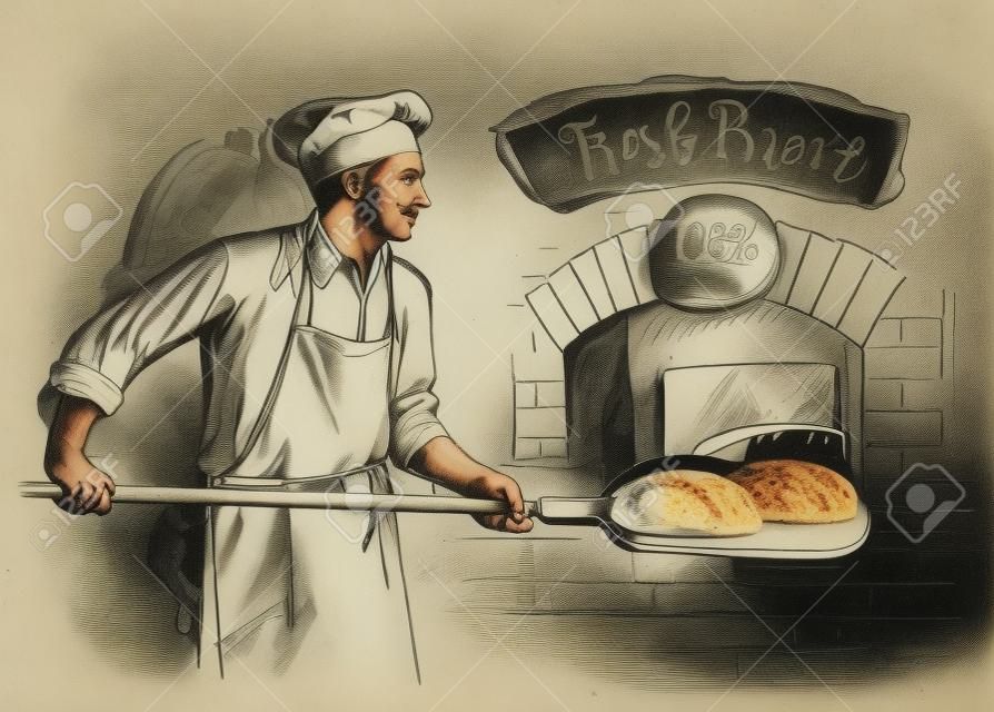 baker in uniform taking out with shovel baked bread from the oven