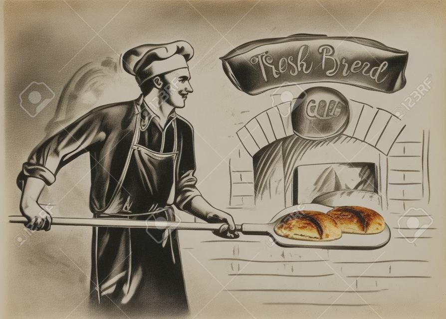 baker in uniform taking out with shovel baked bread from the oven