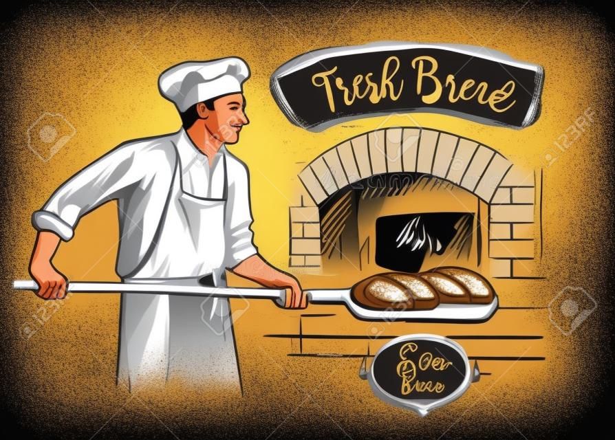 piekarz w mundurze wyjmując z łopatą upieczony chleb z pieca ilustracji wektorowych