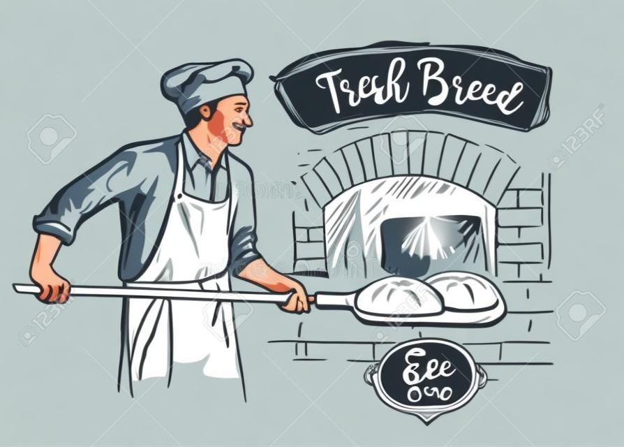 baker in uniform taking out with shovel baked bread from the oven vector illustration