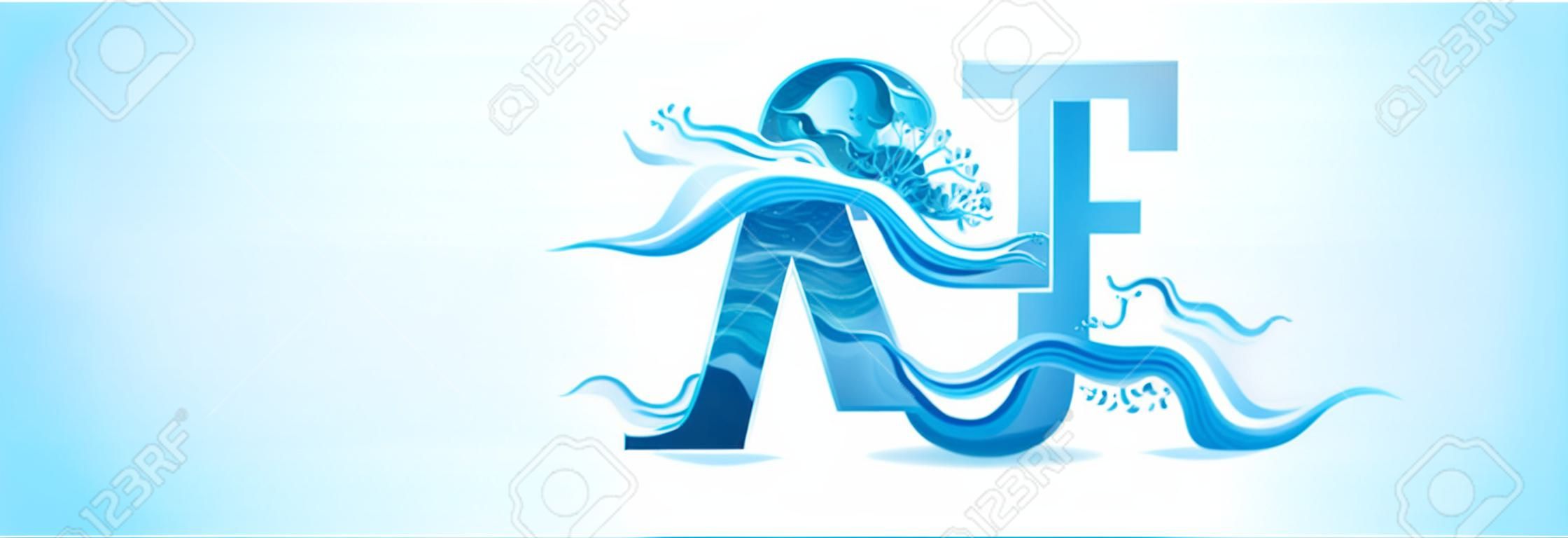 青い背景に隔離された水のベクトル1文字。