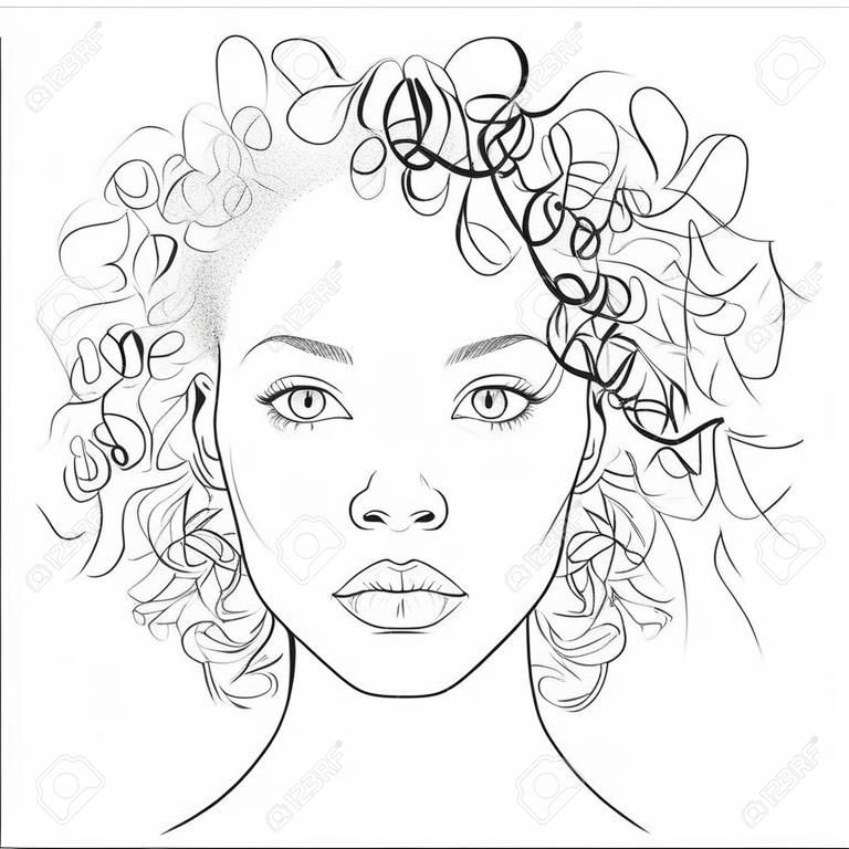 Visage de femme afro-américaine à la peau foncée de vecteur. Jeune belle fille noire avec une peau saine et des cheveux bouclés. Portrait avant de croquis de ligne noir et blanc. Gros plan isolé sur blanc.
