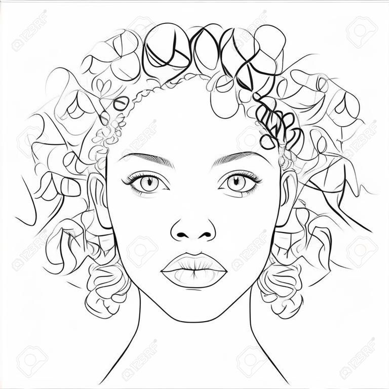 Vector rostro de mujer de piel oscura afroamericana. Hermosa jovencita negra con piel sana y cabello rizado. Retrato frontal de boceto de línea blanco y negro. Cierre aislado en blanco.