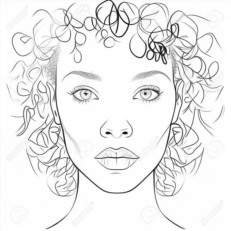Visage de femme afro-américaine à la peau foncée de vecteur. Jeune belle fille noire avec une peau saine et des cheveux bouclés. Portrait avant de croquis de ligne noir et blanc. Gros plan isolé sur blanc.