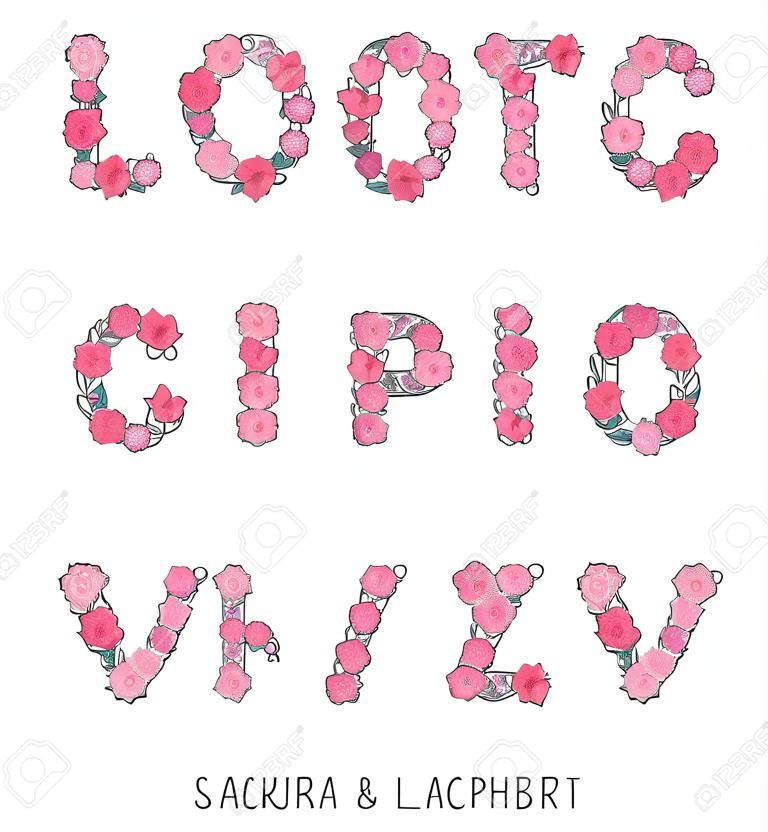 Vector colorful flower font - font made with sakura flowers and leaves - floral alphabet letters set, vector design