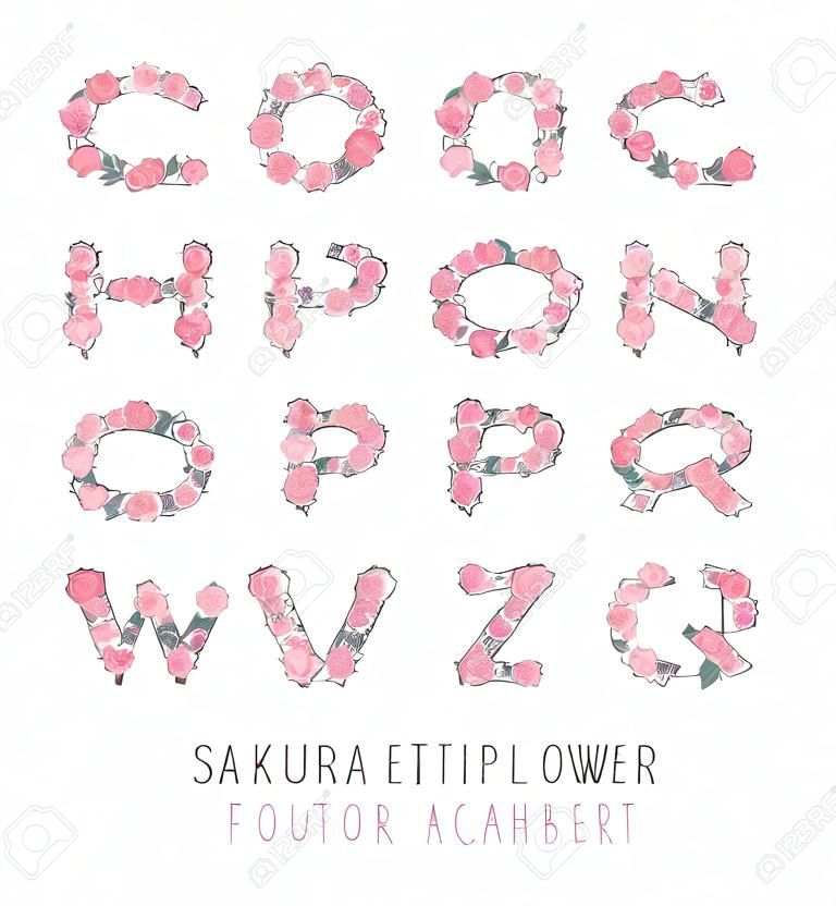 Vector colorful flower font - font made with sakura flowers and leaves - floral alphabet letters set, vector design