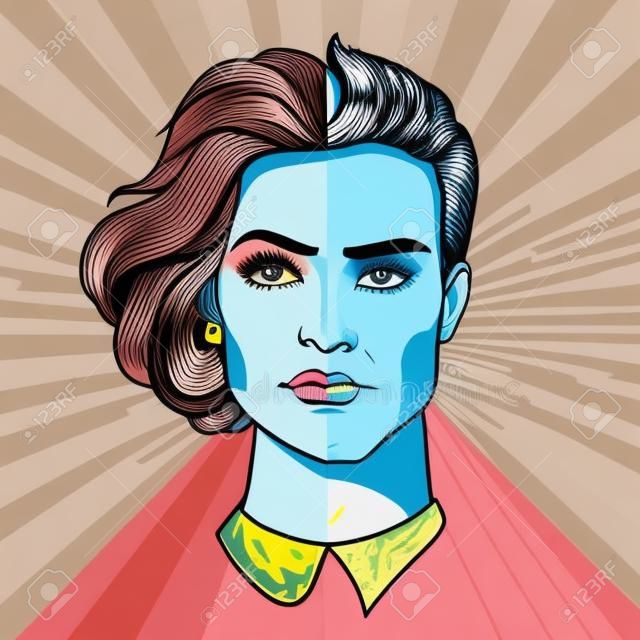 Two halves of a whole. Man and woman face. Gender differences. Vector illustration in pop art style.