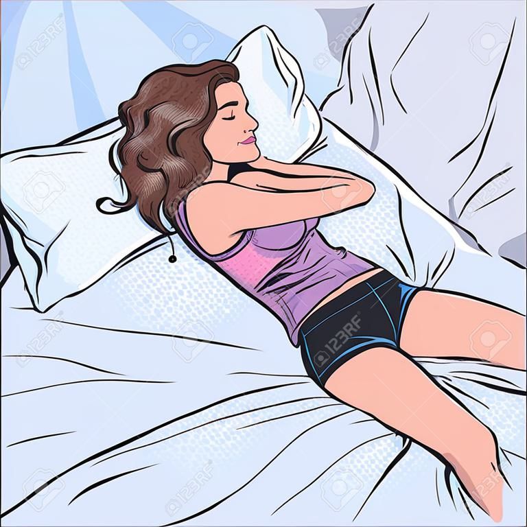 Junge Frau, die in ihrem Bett schläft. Pop-Art-Stil-Vektor-Illustration.