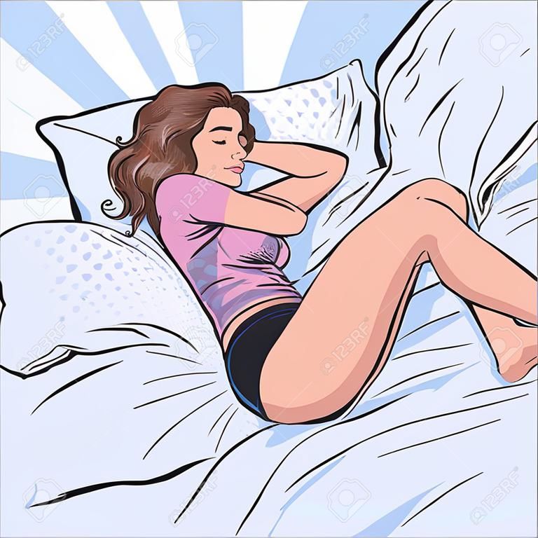 Junge Frau, die in ihrem Bett schläft. Pop-Art-Stil-Vektor-Illustration.