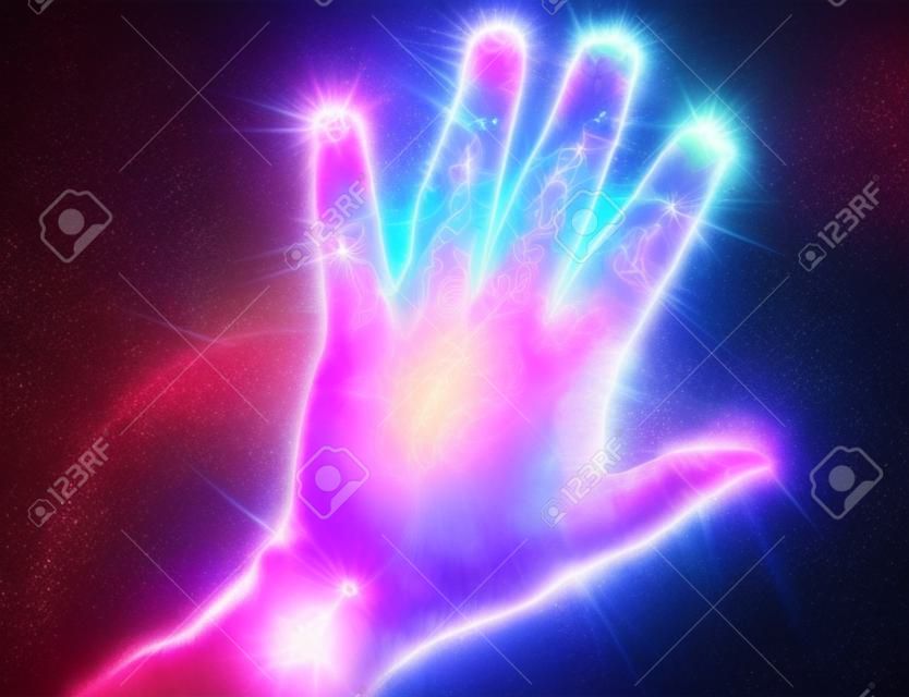 Glowing human female hand with a kirlian aura showing different symbols