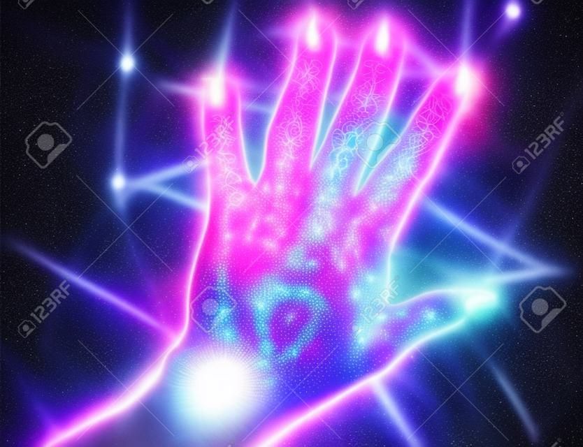 Glowing human female hand with a kirlian aura showing different symbols
