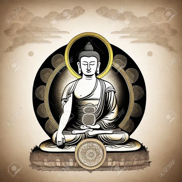 Vector illustration avec Bouddha en méditation nuages ??et roue du dharma. Gautama Bouddha. Design noir et blanc.