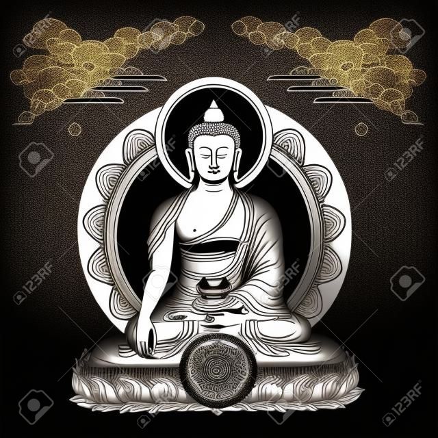 Ilustração vetorial com Buda em nuvens de meditação e Roda do Dharma. Gautama Buda. Design preto e branco.