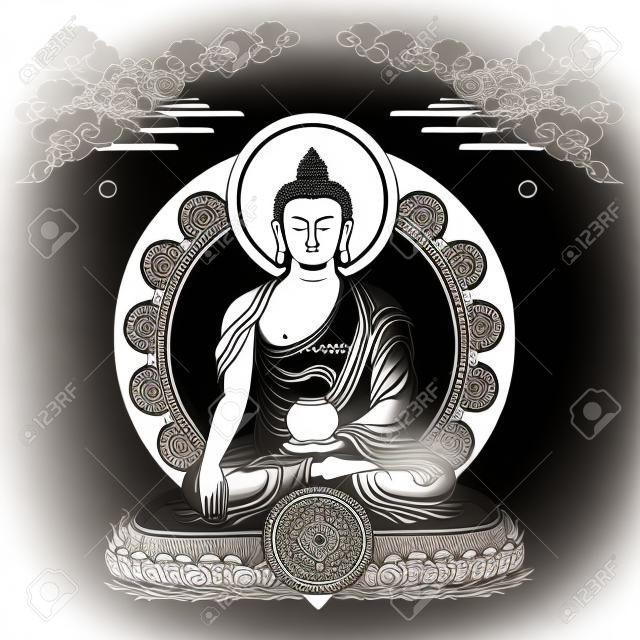 Vektor illusztráció Buddha meditáció felhők és Wheel of Dharma. Gautama Buddha. Fekete-fehér design.