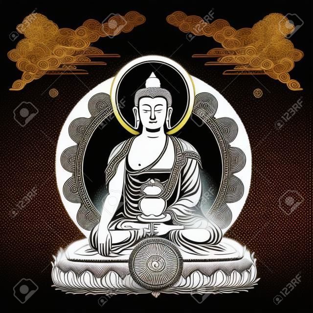 矢量插图与如来佛祖在冥想云和车轮的佛法乔达摩佛黑白设计