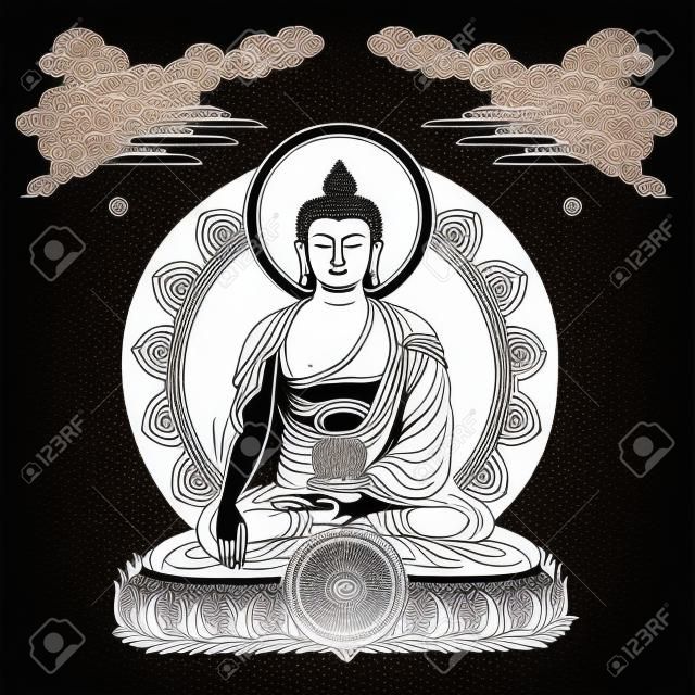 Vector illustration with Buddha in meditation clouds and Wheel of Dharma. Gautama Buddha. Black and white design.