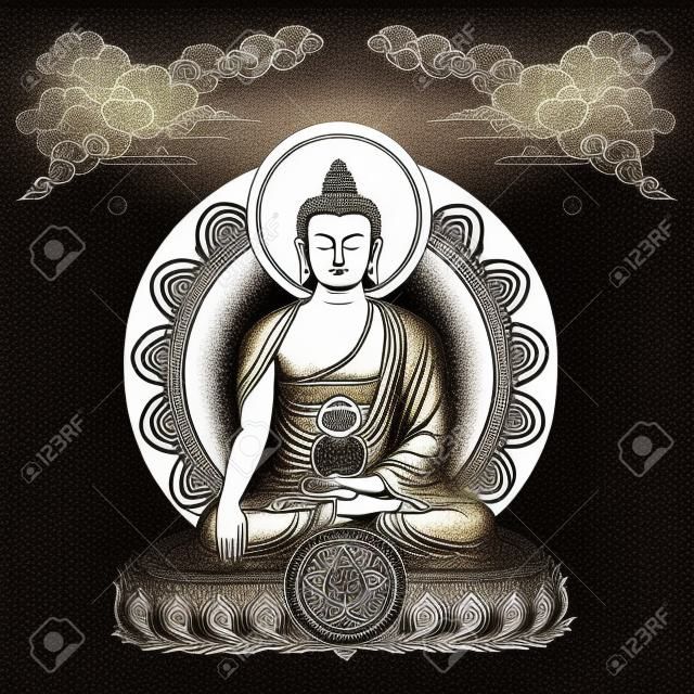 Vektor-Illustration mit Buddha in der Meditation Wolken und Rad von Dharma. Gautama Buddha. Schwarzweiss-Entwurf.