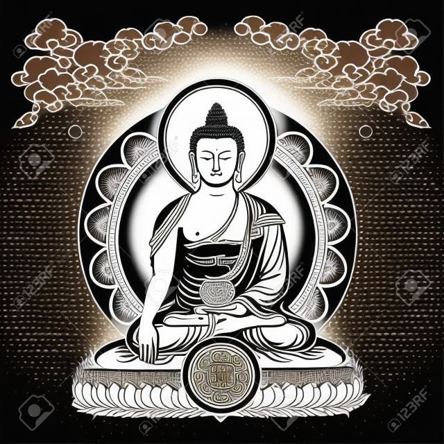 Vektor-Illustration mit Buddha in der Meditation Wolken und Rad von Dharma. Gautama Buddha. Schwarzweiss-Entwurf.