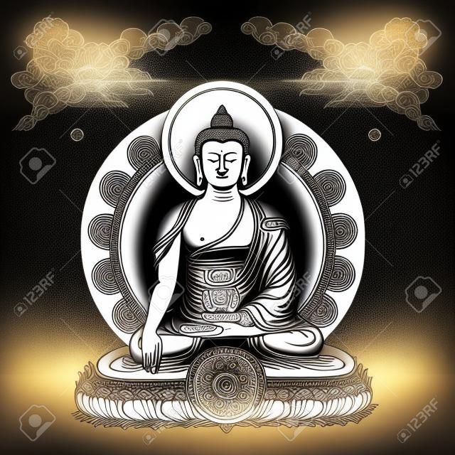 Векторная иллюстрация с Буддой в медитации облаков и Колесо Дхармы. Гаутама Будда. Черно-белый дизайн.