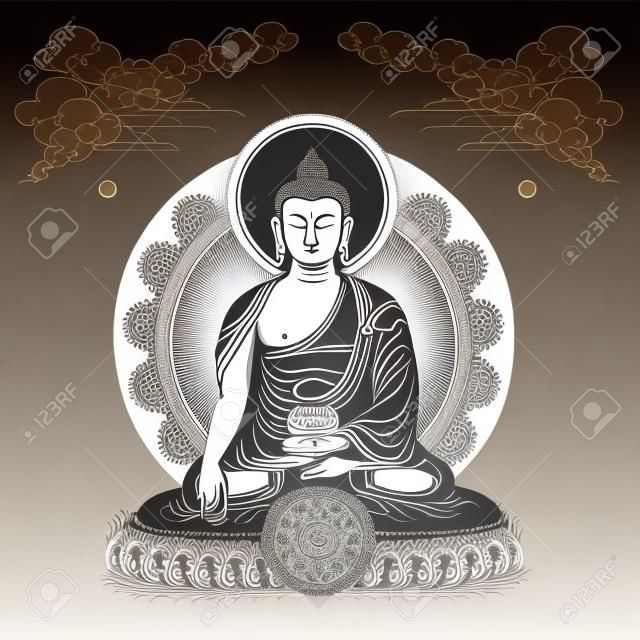 Vector illustration avec Bouddha en méditation nuages ??et roue du dharma. Gautama Bouddha. Design noir et blanc.