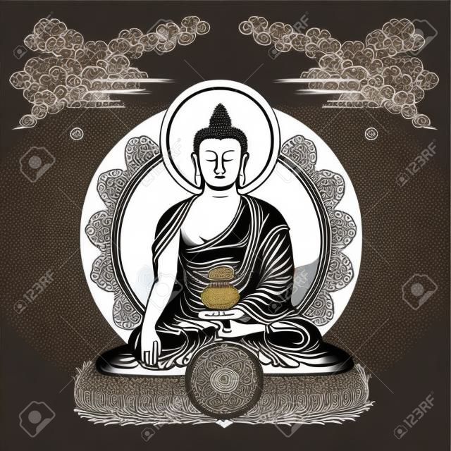 Vector illustration with Buddha in meditation clouds and Wheel of Dharma. Gautama Buddha. Black and white design.