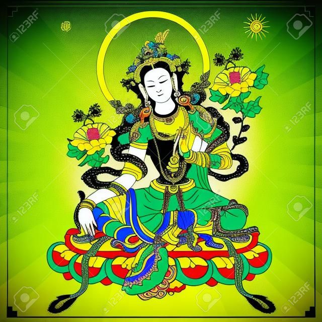 Vector illustration with Green Tara. A symbol of the Tibetan Buddhism. Buddha. Vector Illustration.