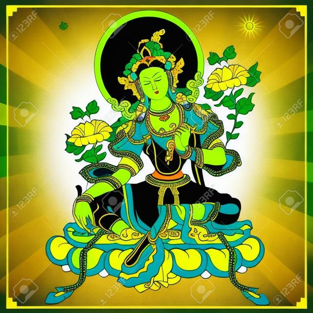 Vector illustration avec Green Tara. Un symbole de l'bouddhisme tibétain. Bouddha. Vector Illustration.