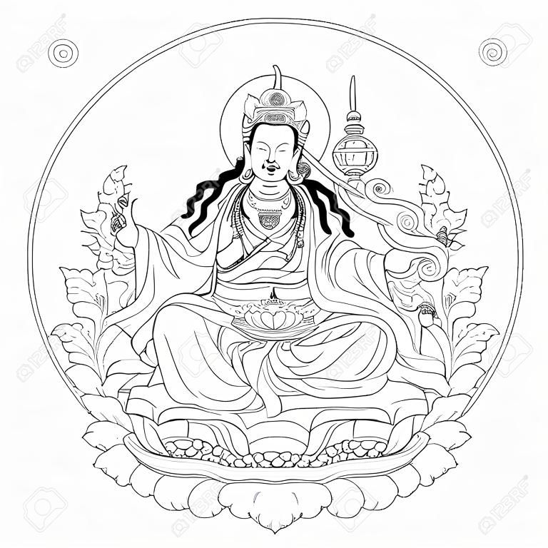 矢量插圖蓮花生大師。蓮花生大師是一個印度佛學大師。這是阿彌陀佛的化身。藏傳佛教的象徵。佛。黑色和白色的設計。
