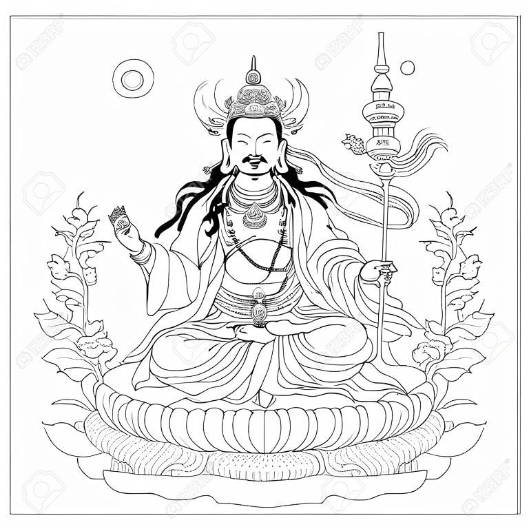 矢量插圖蓮花生大師。蓮花生大師是一個印度佛學大師。這是阿彌陀佛的化身。藏傳佛教的象徵。佛。黑色和白色的設計。