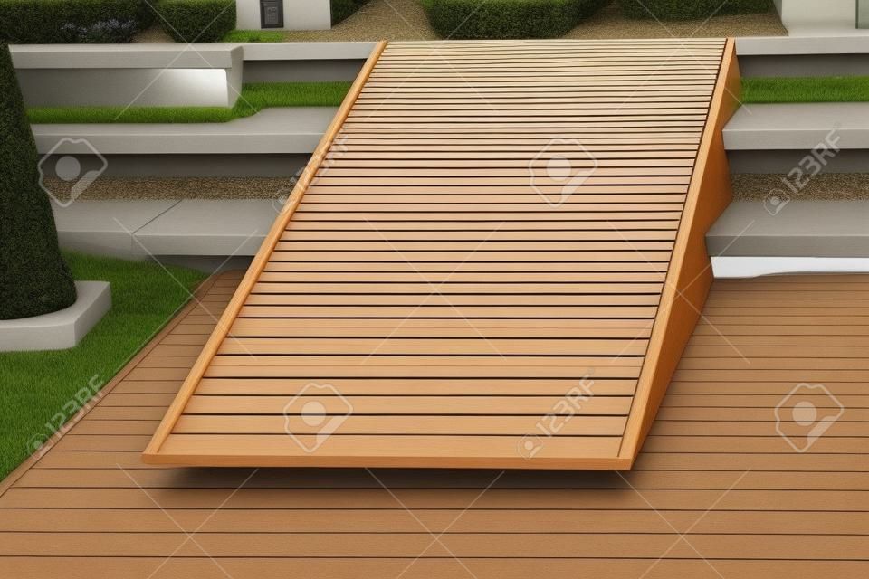 Wooden ramped access, using wheelchair ramp for disabled people.