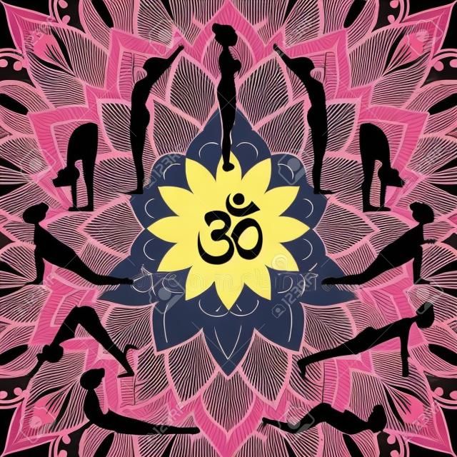 Yogasatz, Surya-namaskar mit Frauenschattenbild-Vektor Illustration.