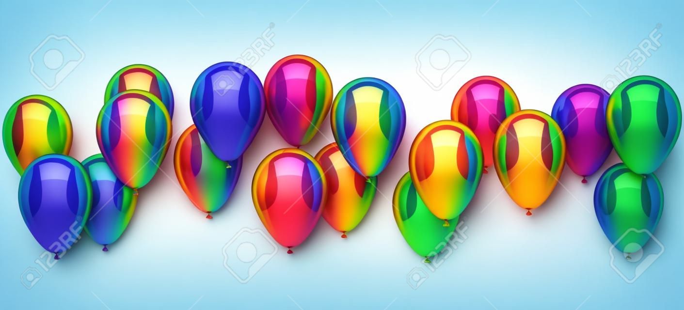 Raya del arco iris de colores de los globos en el fondo blanco Ilustración 3D
