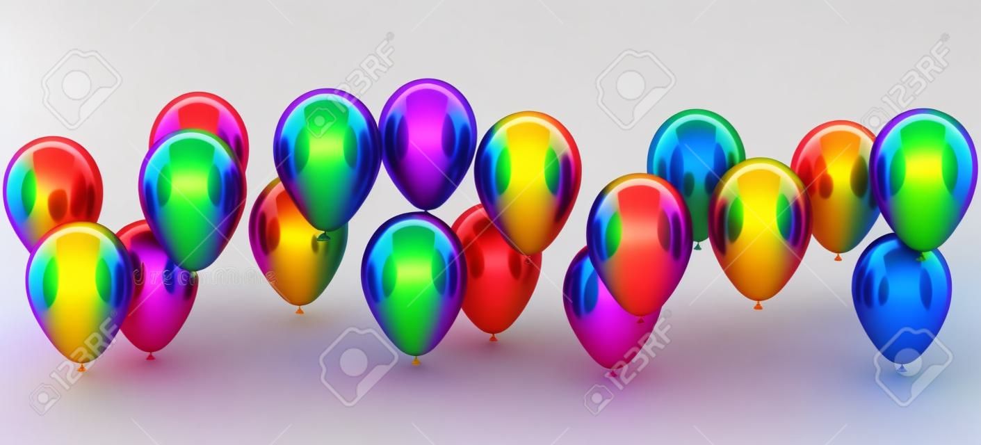 Raya del arco iris de colores de los globos en el fondo blanco Ilustración 3D