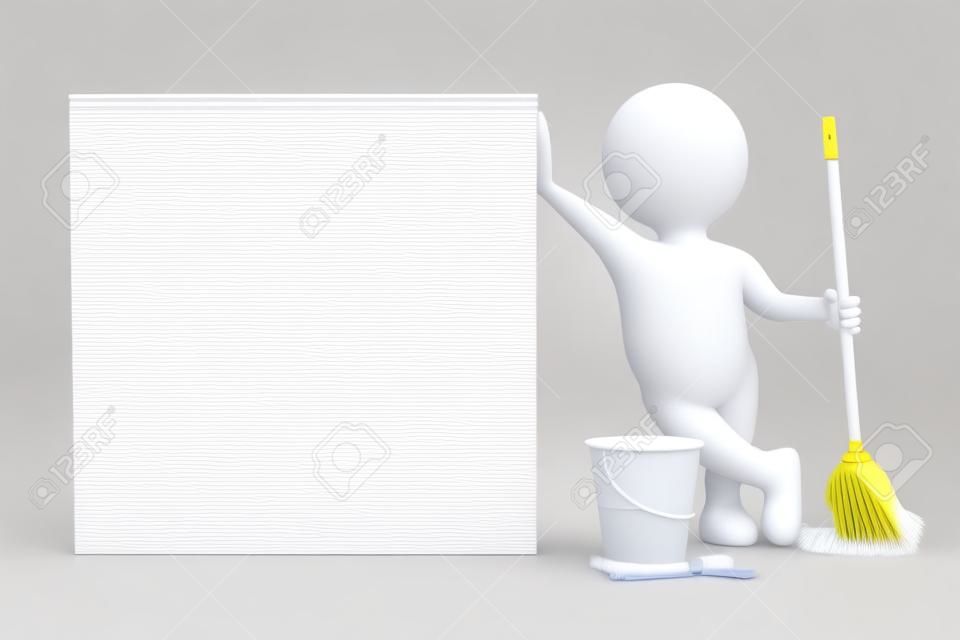White 3D Character with Cleaning Tools Leaned on a Blank Squared Bill 3D Illustration