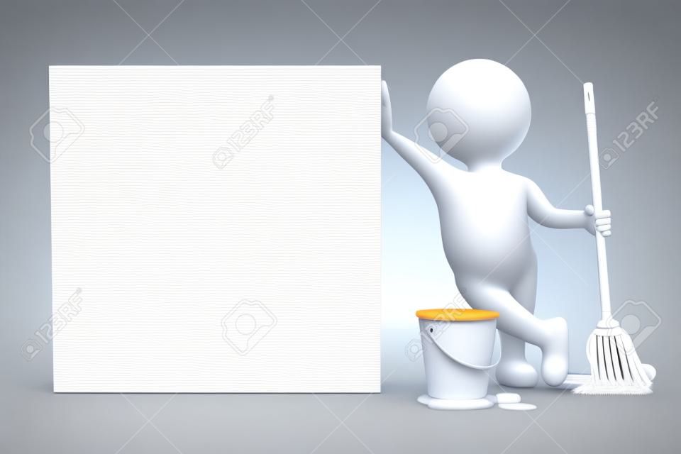 White 3D Character with Cleaning Tools Leaned on a Blank Squared Bill 3D Illustration