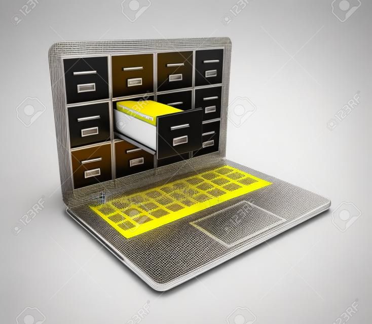 金属のアーカイブ 1 つ開いている引き出し付きラック ホワイト バック グラウンドにラップトップ コンピューターの画面の 3 D イラストレーションから出てくる黄色のドキュメント フォルダーの完全な