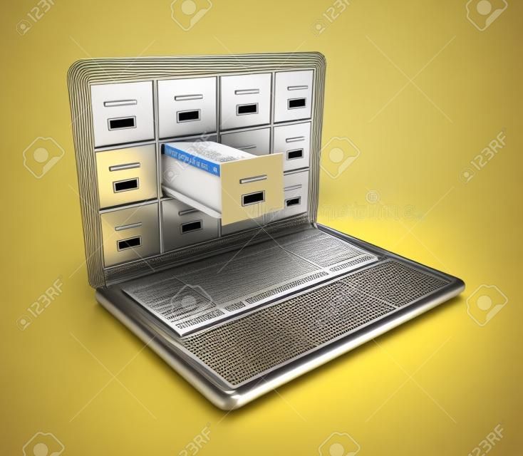 Rack de arquivo metálico com uma gaveta aberta cheia de pastas de documentos amarelos saindo de uma ilustração 3D de tela de computador portátil no fundo branco