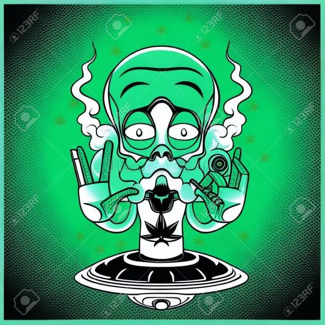 Alien Smoking Weed Design Vector Illustratie.