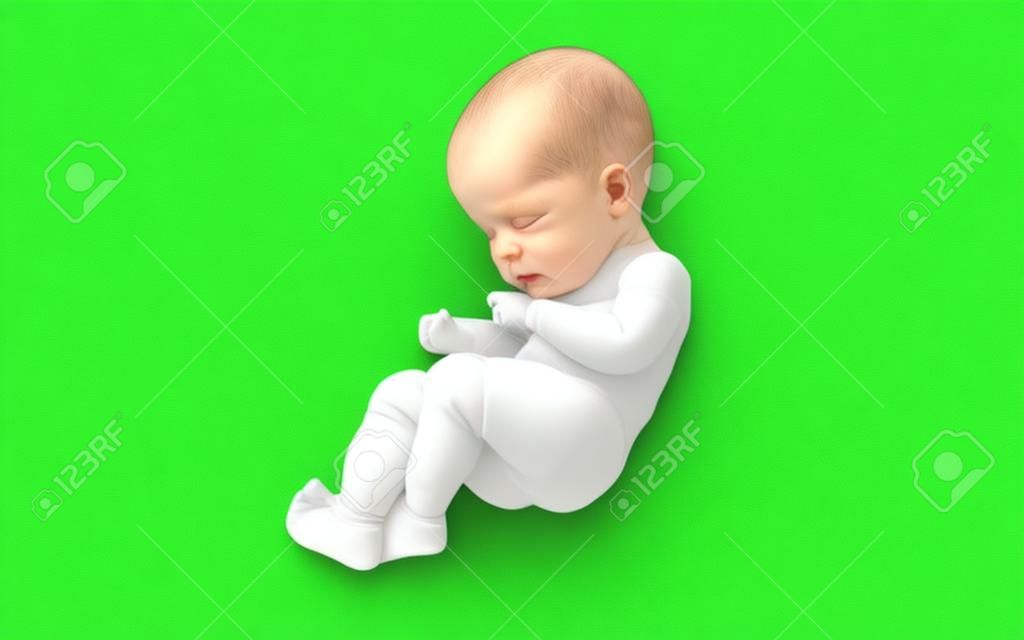 Ein neugeborenes Baby isoliert auf grünem Hintergrund, 3D-Modellillustration