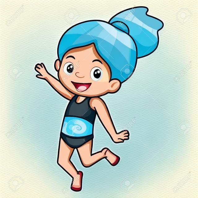 Dessin animé mignon petite fille en maillot de bain posant