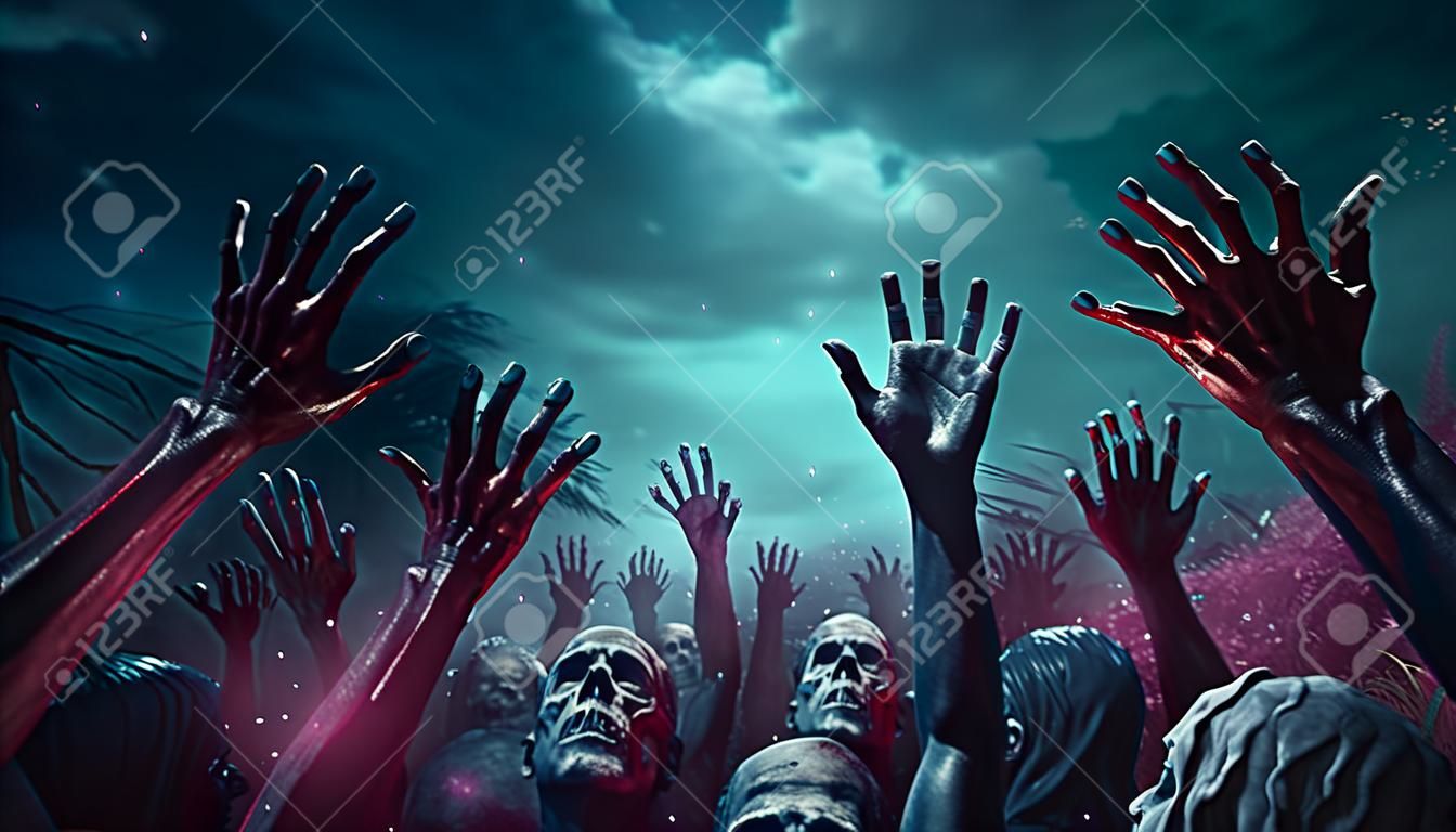 Zombie hand in halloween landscape. Generative Ai