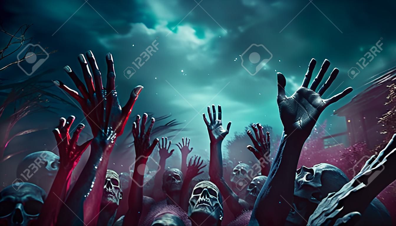 Zombie hand in halloween landscape. Generative Ai