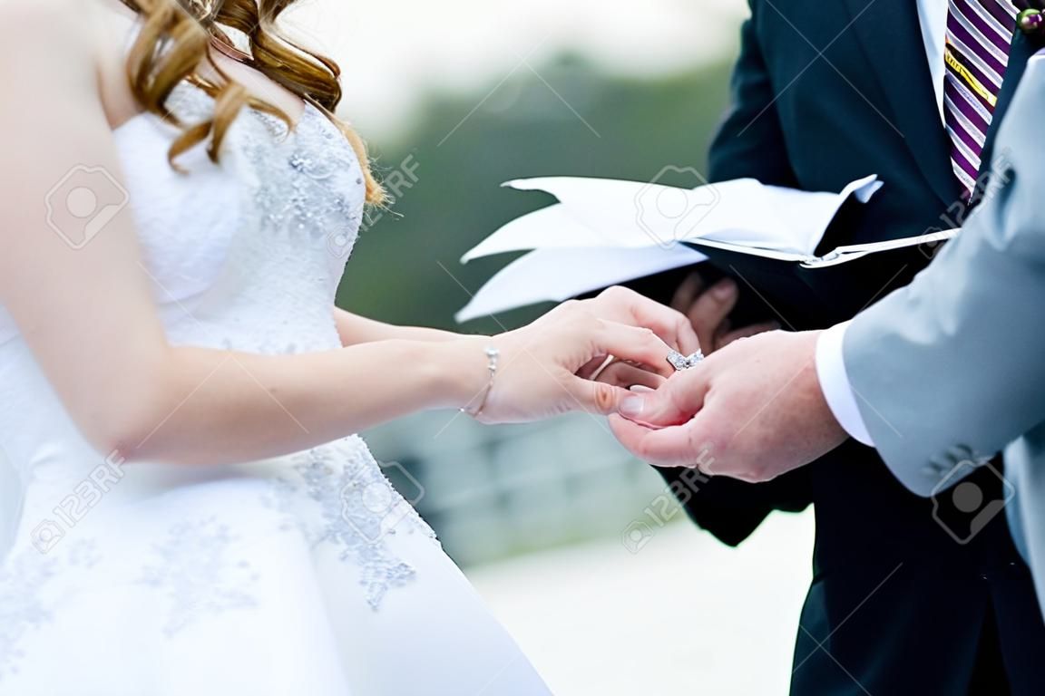 A bride putting the wedding ring on her grooms finger