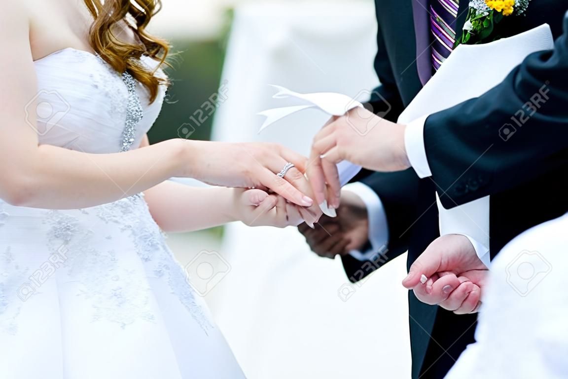 A bride putting the wedding ring on her grooms finger