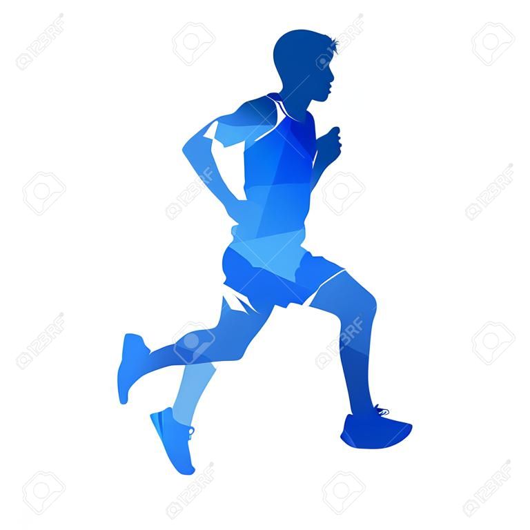 Corredor de maratona, silhueta de vetor poligonal azul abstrato. Executar