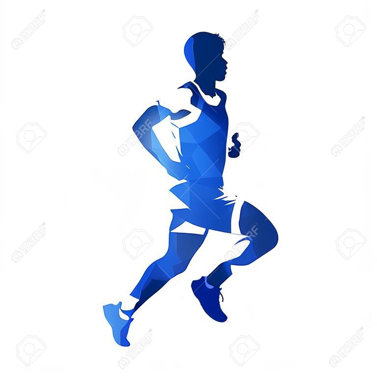 Corredor de maratona, silhueta de vetor poligonal azul abstrato. Executar