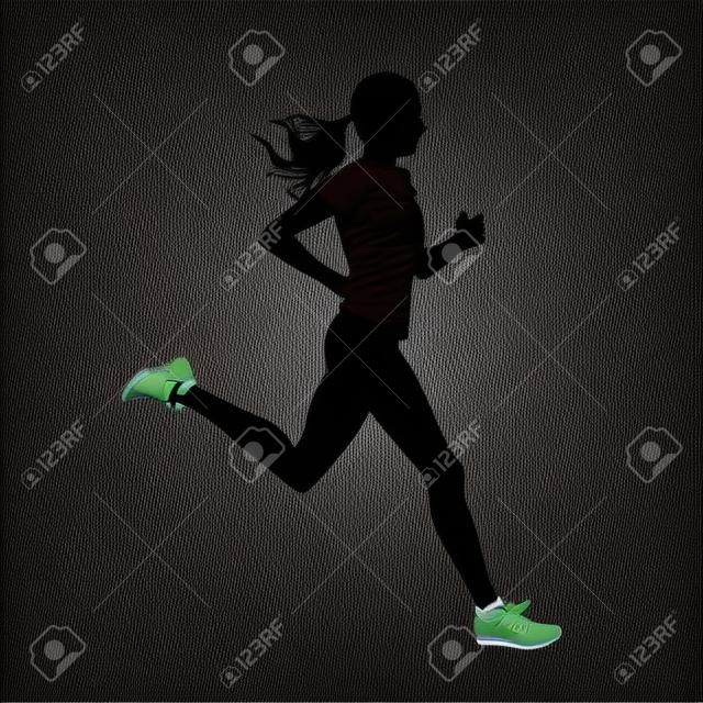 青年跑步妇女孤立矢量剪影运行侧视图
