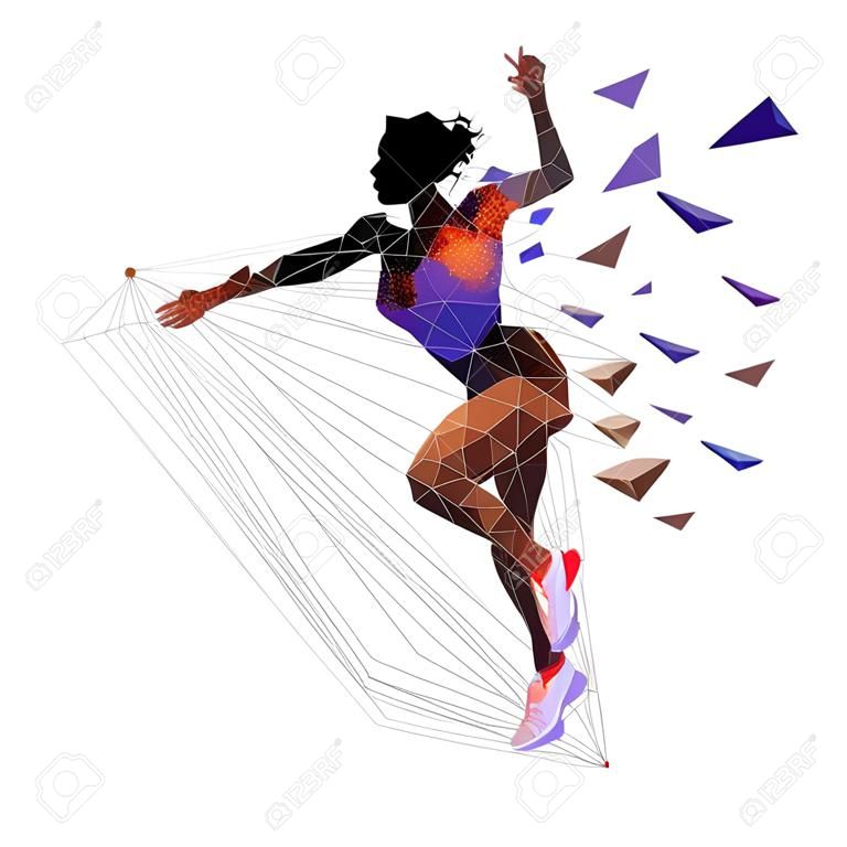 Biegnąca kobieta, lekkoatletka o niskiej wielokątnej sylwetce. ilustracja wektorowa na białym tle, widok z boku. Afroamerykanka biegnąca sprintem