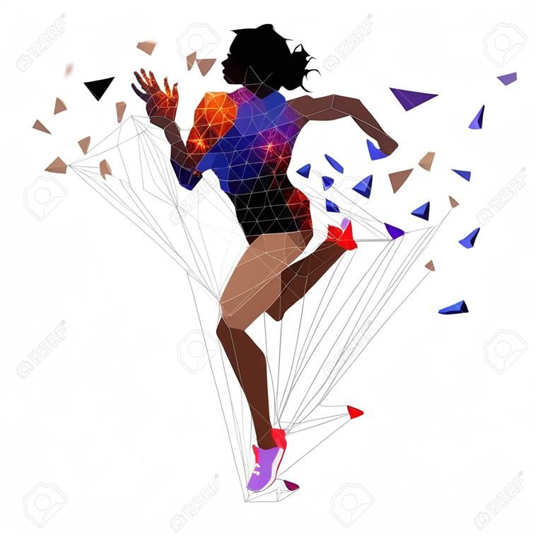 Running woman, low polygonal athlete. Isolated vector illustration, side view. Sprinting african american woman